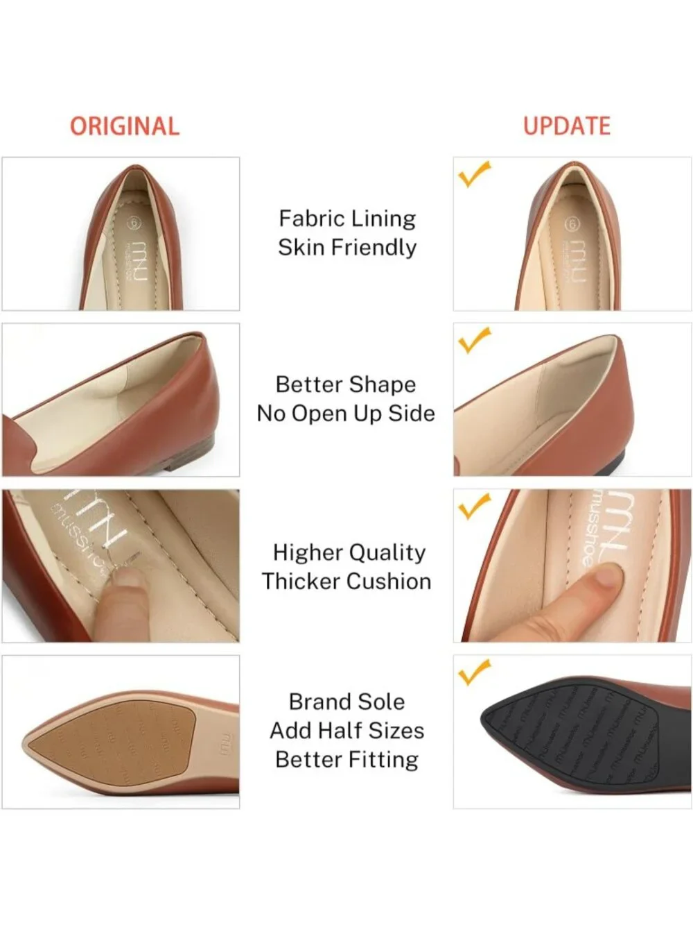Women's Coffee Brown Comfortable Pointed Toe Memory Foam Slip On Flat Shoes